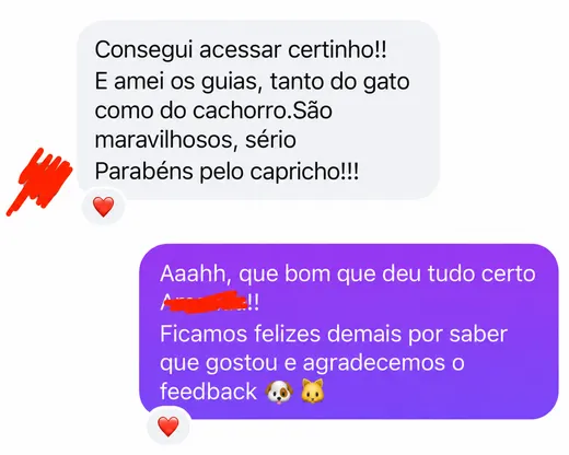Mensagem de cliente: amei os guias, tanto do gato como do cachorro, são maravilhosos, parabéns pelo capricho