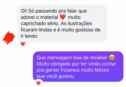 Mensagem de cliente: adorei o material, muito caprichado, as ilustrações ficaram lindas e é muito gostoso de ir lendo