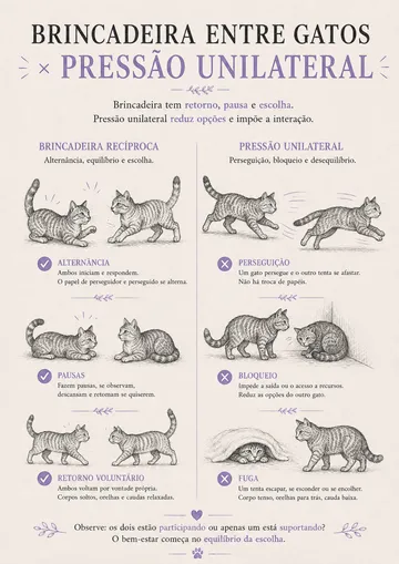 Página do guia comparando brincadeira recíproca e pressão unilateral entre gatos