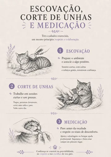 Página do guia sobre escovação, corte de unhas e medicação do gato